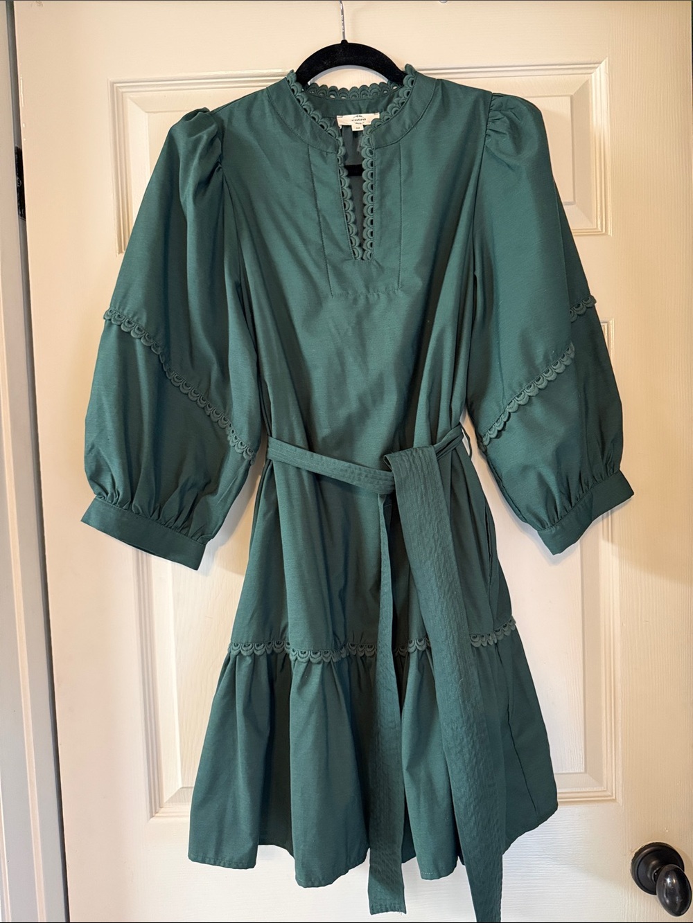 entro Teal Green Tiered Belted Puff Sleeve Dress